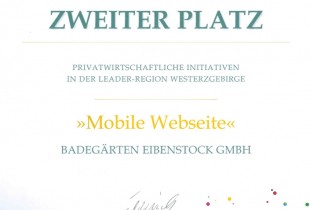 Auszeichnung für das Prjekt - Mobile Webseite der Badegärten Eibenstock